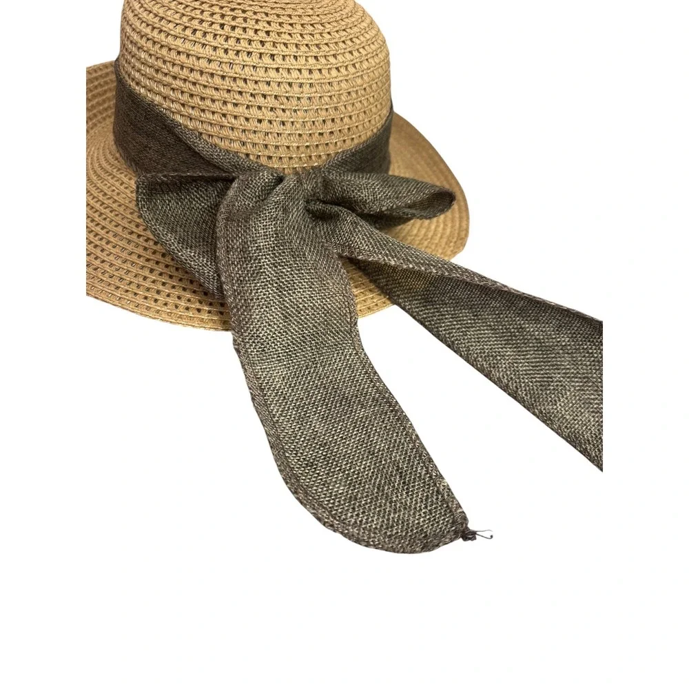 Woven Paper Straw Sun Hat with Large Olive Green Back Bow and Chin Strap